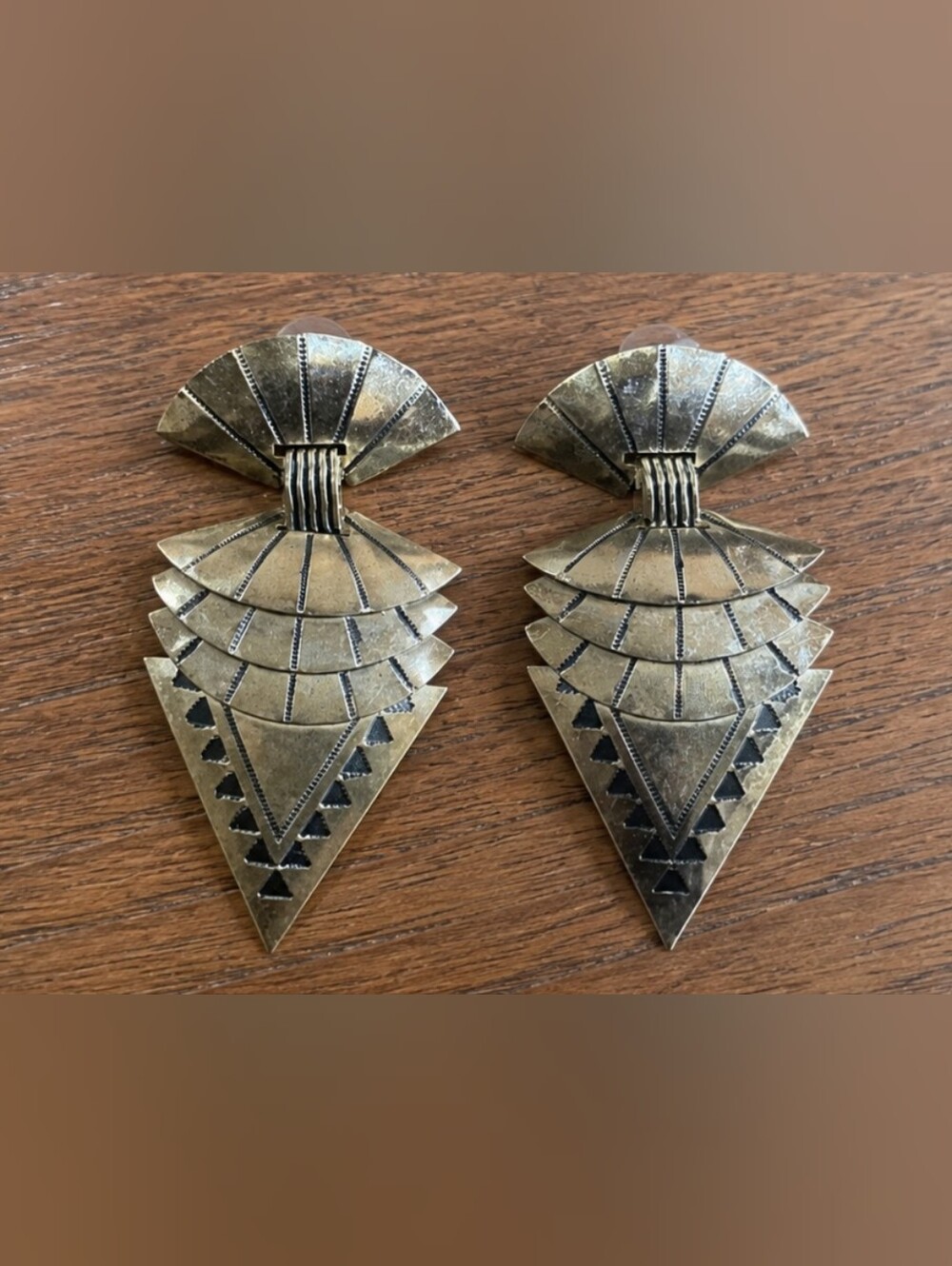 Antique Gold Tone Geometric Statement Earrings Art Deco Fan Triangle Dangle